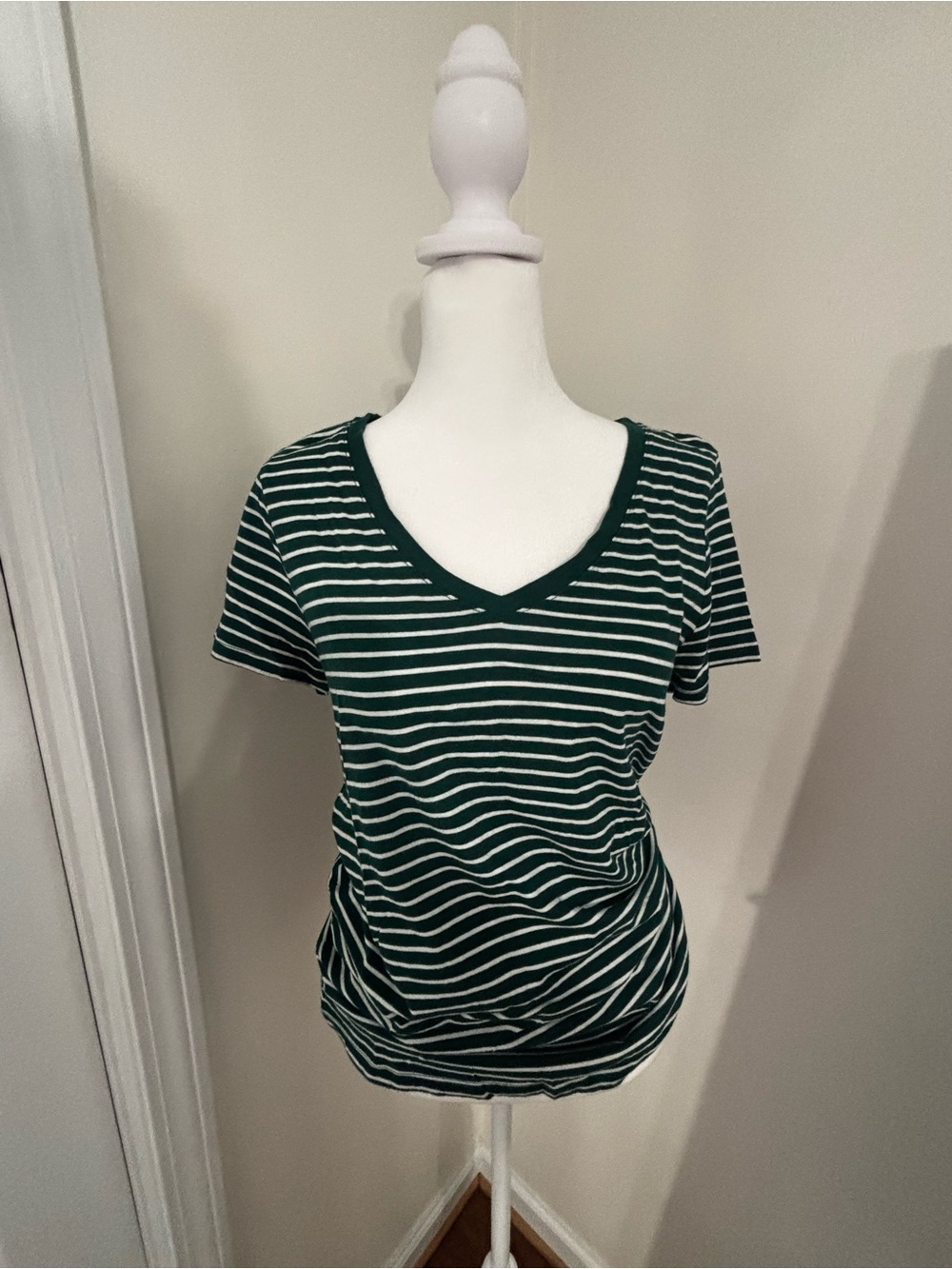 GAP Forest Green and White Striped V-Neck Tee